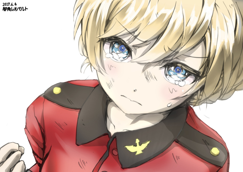 1girl absurdres artist_request blonde_hair blue_eyes blush clenched_hand crying darjeeling dated girls_und_panzer highres looking_at_viewer solo st_gloriana's_military_uniform wavy_mouth white_background