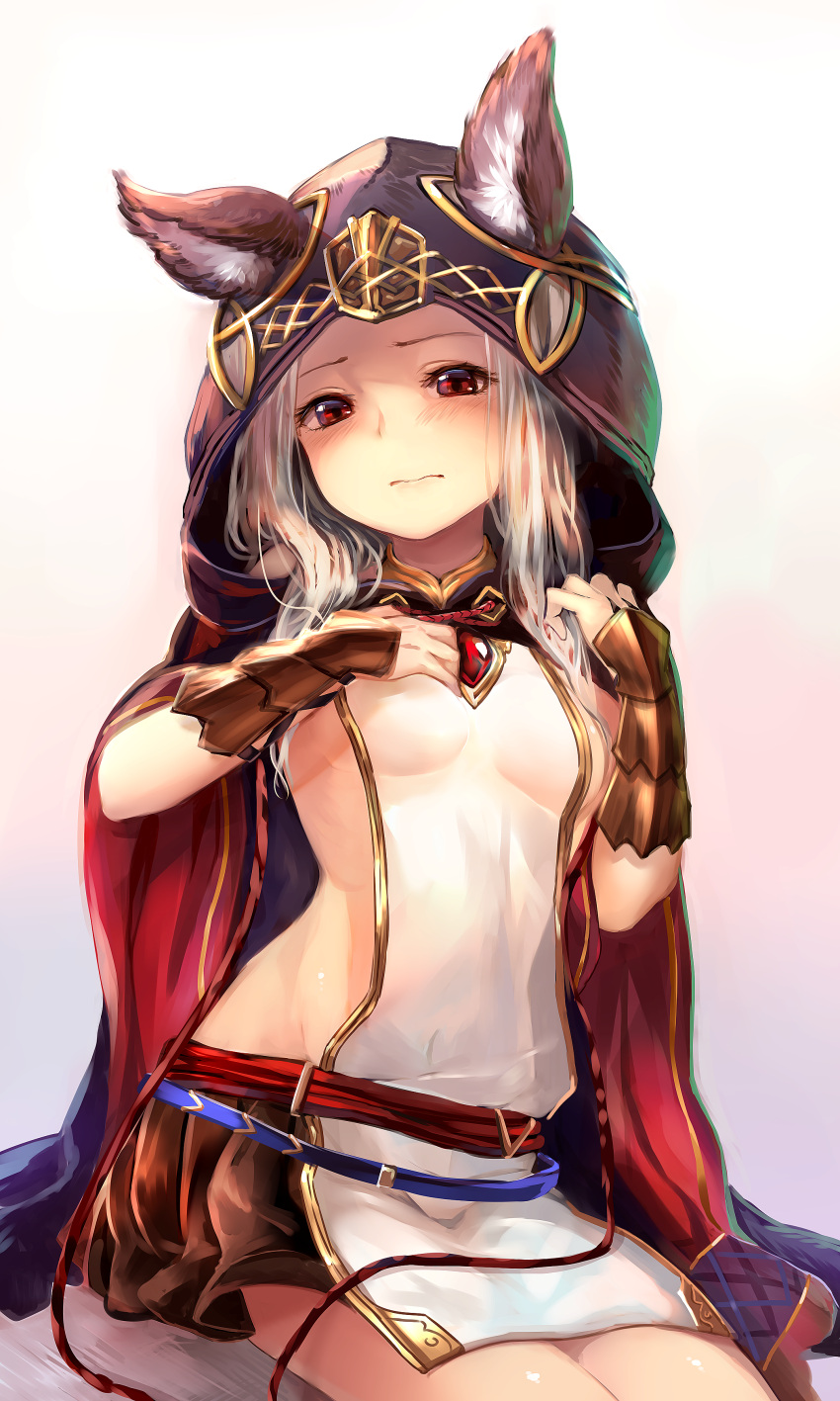 1girl absurdres animal_ears backless_outfit blush breasts brown_skirt cape cat_ears cloak ears_through_headwear erun_(granblue_fantasy) granblue_fantasy highres hood hooded_cloak long_hair looking_at_viewer miniskirt red_eyes silver_hair simple_background sitting skasaha_(granblue_fantasy) skirt small_breasts sukemyon thighs white_background