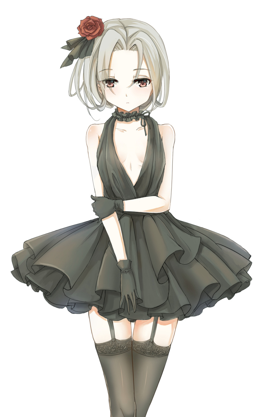 1girl absurdres bare_shoulders black_dress black_gloves black_legwear closed_mouth collarbone dress flat_chest flower garter_straps gloves hair_flower hair_ornament hand_on_own_arm highres jewelry neck_ring short_hair vittorio_veneto_(zhan_jian_shao_nyu) white_hair yellow_eyes yuemanhuaikong zhan_jian_shao_nyu