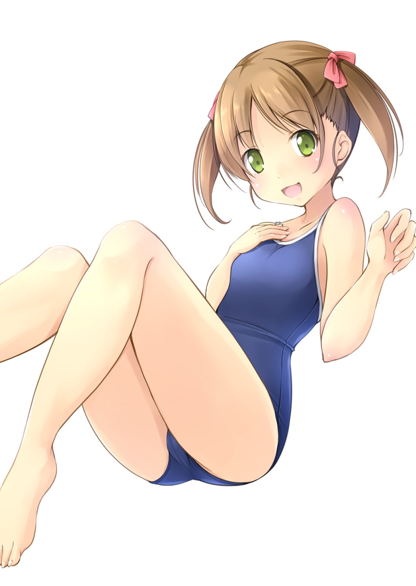 1girl barefoot blue_swimsuit brown_hair competition_school_swimsuit green_eyes highres looking_at_viewer open_mouth original school_swimsuit shibacha_(shibacha_0728) short_hair simple_background solo swimsuit twintails white_background