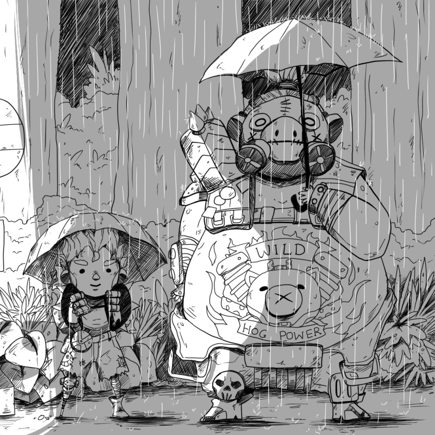 2boys animated animated_gif bare_shoulders big_belly blush_stickers bus_stop forest gas_mask greyscale hair_ornament holding holding_umbrella junkrat_(overwatch) long_hair male_focus mechanical_arm monochrome multiple_boys nature navel outdoors overwatch parody peg_leg pig ponytail rain roadhog_(overwatch) shade skull smile spikes spiky_hair tattoo the-scared-crow tire tonari_no_totoro torn_clothes tree umbrella