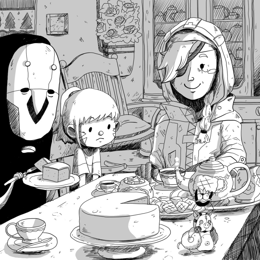2girls ana_(overwatch) animated animated_gif braid cabinet cake chair cookie cup d.va_(overwatch) eating eyepatch facepaint facial_mark flower food fork greyscale highres holding holding_fork hood indoors junkrat_(overwatch) monochrome multiple_girls overwatch painting reaper_(overwatch) roadhog_(overwatch) rocking_chair sen_to_chihiro_no_kamikakushi shirt side_braid sitting solid_circle_eyes sugar_bowl sugar_cube susuwatari teacup teapot the-scared-crow whisker_markings