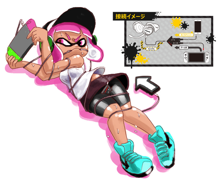 1girl angry arrow between_breasts bike_shorts blue_shoes breasts cable cellphone dark_skin domino_mask entangled headphones headset inkling lying mask minus8 nintendo nintendo_switch on_back phone pink_hair shirt shoes short_hair simple_background smartphone sneakers solo splatoon sweat tentacle_hair white_background white_shirt
