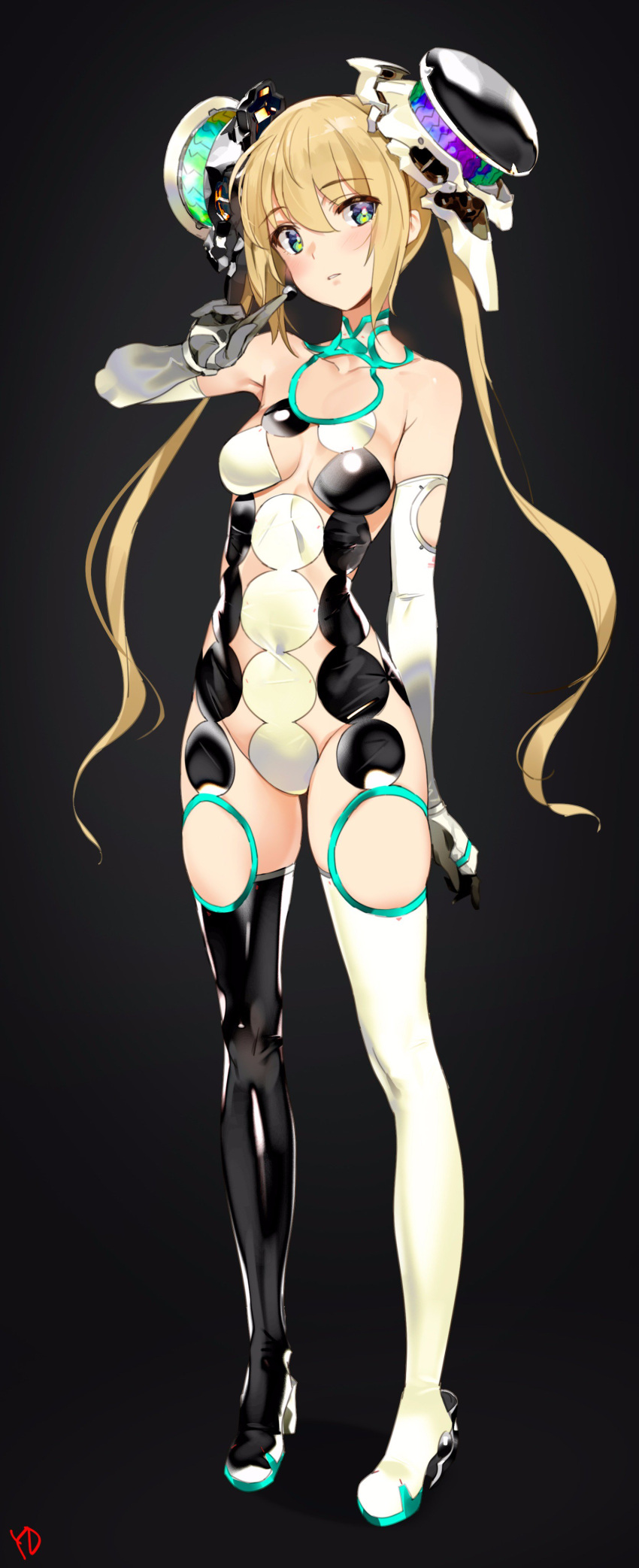 1girl absurdres alphago arm_up asymmetrical_legwear blonde_hair blue_eyes breasts bright_pupils elbow_gloves full_body gloves google hair_ornament highres looking_at_viewer mecha_musume parted_lips personification revealing_clothes small_breasts thigh-highs twintails yang-do