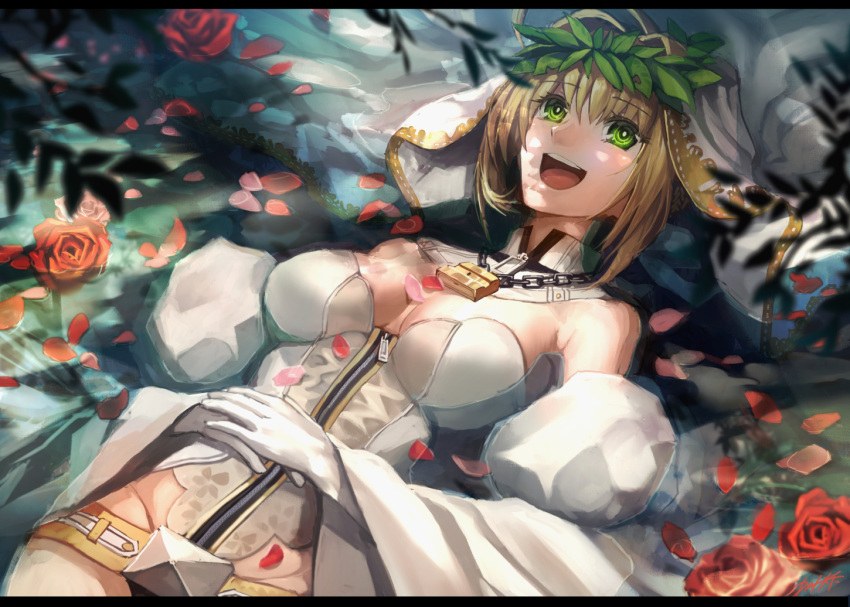 1girl ahoge belt blonde_hair blush breasts chains cleavage commentary dai-xt detached_collar detached_sleeves fate/extra fate/extra_ccc fate/grand_order fate_(series) flower gloves green_eyes hair_ornament lock long_sleeves lying on_back open_mouth padlock rose saber_bride saber_extra smile solo veil zipper