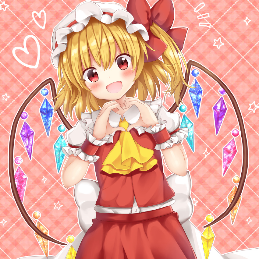 1girl absurdres ascot bangs blonde_hair flandre_scarlet hat hat_ribbon head_tilt heart heart_hands highres looking_at_viewer mob_cap puffy_short_sleeves puffy_sleeves red_eyes red_ribbon red_skirt ribbon shirt short_sleeves skirt skirt_set smile solo star suigetsu_(watermoon-910) touhou vest white_shirt wings wrist_cuffs