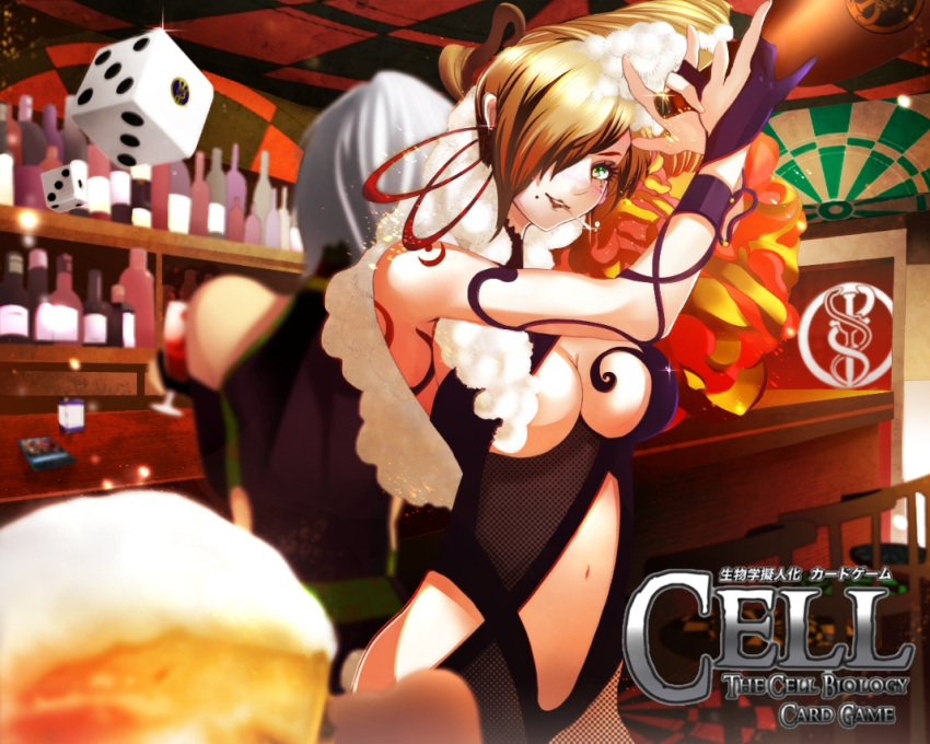 1girl alcohol bar beer blurry blurry_background bottle breasts brown_hair caduceus card cell_(card_game) chair cleavage copyright_name countertop cup dartboard dice drinking_glass fishnet_fabric green_eyes hair_over_one_eye looking_at_viewer matchbook mattyanoma2013 medium_breasts midriff mole mole_under_mouth mouth_hold navel personification silver_hair tattoo white_hair wine_bottle wine_glass yeast