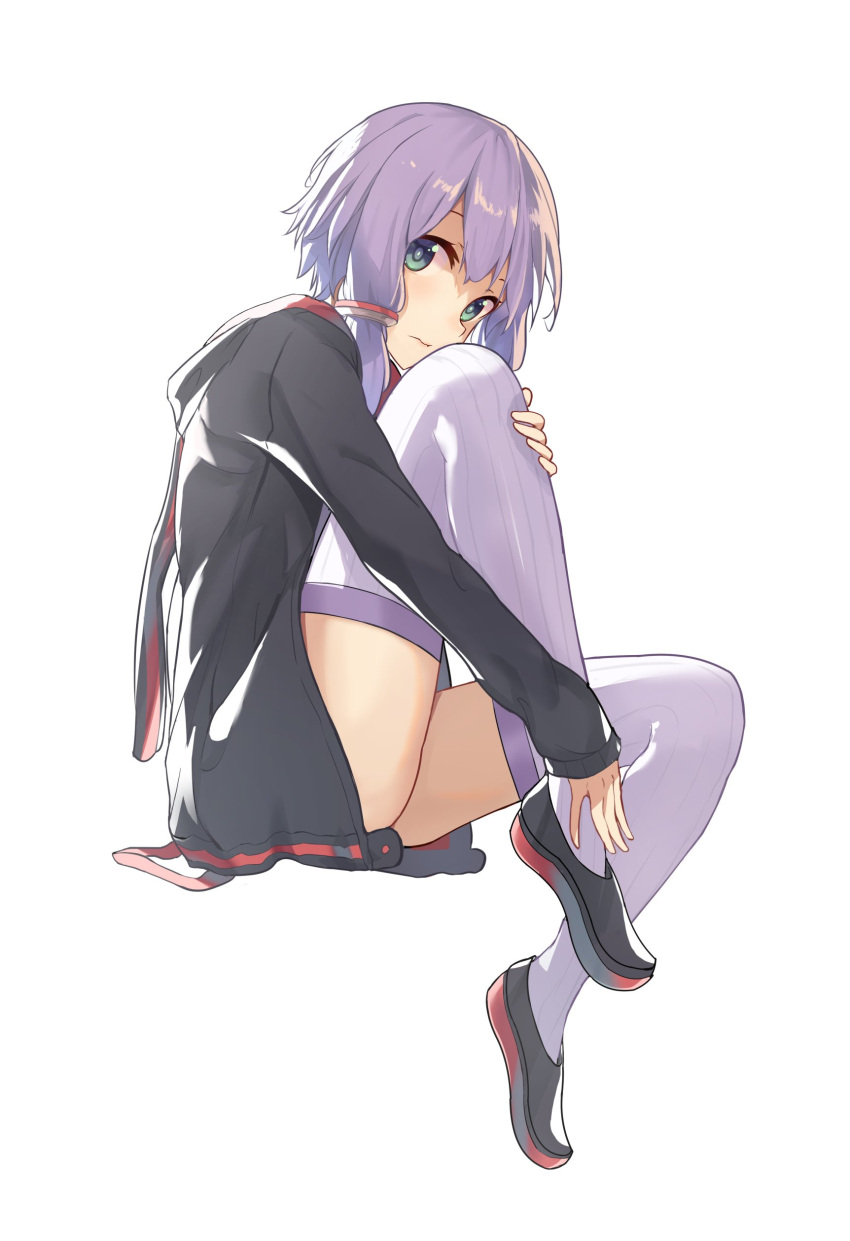 1girl 3: absurdres bangs black_shoes blush closed_mouth from_side full_body green_eyes highres hood hoodie knee_up long_hair looking_at_viewer low_twintails open_clothes open_hoodie oweee purple_hair purple_legwear shoes simple_background sitting solo thigh-highs thighs twintails vocaloid voiceroid white_background yuzuki_yukari