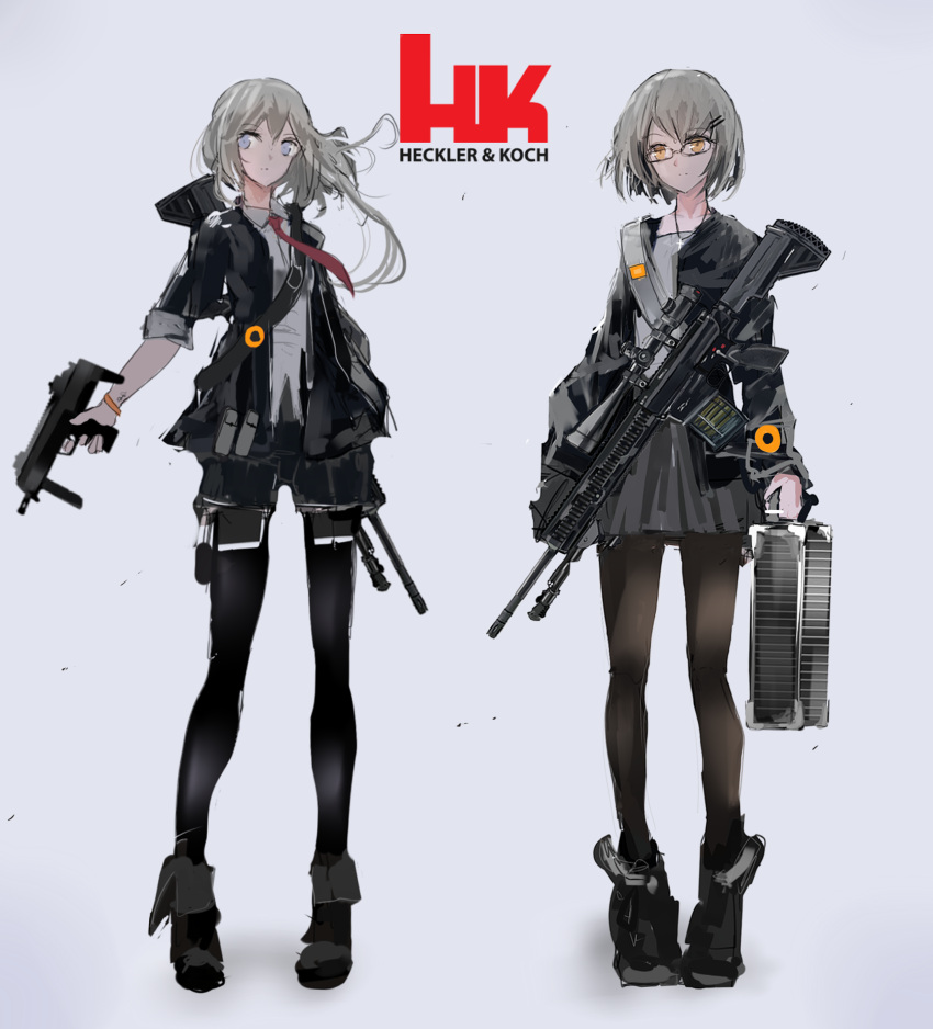 2girls assault_rifle bangs battle_rifle black_boots black_legwear black_skirt blue_eyes boots briefcase brown_eyes closed_mouth collared_shirt dress_shirt expressionless eyebrows_visible_through_hair finger_on_trigger grey_background grey_hair grey_shirt grey_skirt gun h&amp;k_mp7 hair_ornament hairclip heckler_&amp;_koch highres hk417 holding holding_gun holding_weapon jacket legs_apart long_hair multiple_girls necktie open_clothes open_jacket original pantyhose red_necktie rifle shirt short_hair simple_background skirt sling standing submachine_gun tosk_(swav-coco) weapon