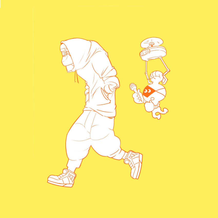 2boys arms_(game) baggy_pants cobushii_(arms) drone full_body highres hood hoodie kid_cobra male_focus microphone monochrome multiple_boys open_mouth pants shanty_(mattariino) shoes simple_background sneakers thumbs_up walking yellow_background