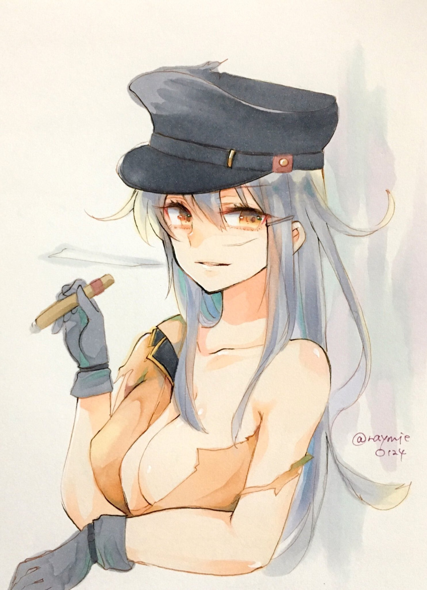1girl bare_shoulders black_gloves breasts brown_eyes cigar cleavage collarbone dated gangut_(kantai_collection) gloves hat highres kantai_collection large_breasts long_hair looking_at_viewer parted_lips peaked_cap raymie0124 scar silver_hair smile solo torn_clothes twitter_username upper_body