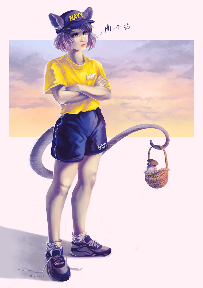 1girl absurdres alternate_costume basket crossed_arms highres huge_filesize nazrin prehensile_tail rylusus tail touhou