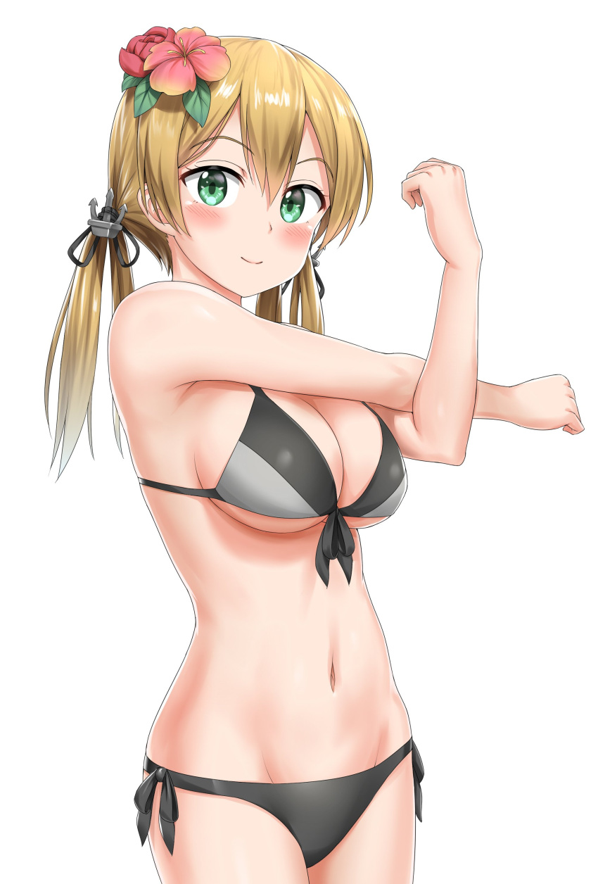 1girl absurdres anchor_hair_ornament bikini blonde_hair blush breasts flower green_eyes grey_bikini hair_flower hair_ornament highres kantai_collection looking_at_viewer medium_breasts navel nedia_r prinz_eugen_(kantai_collection) raised_fist side-tie_bikini simple_background smile solo swimsuit twintails upper_body white_background