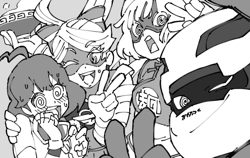 1boy 3girls @_@ ahoge al_bhed_eyes arms_(game) bangs beanie blunt_bangs bowl domino_mask greyscale hat helmet highres kid_cobra looking_at_another looking_at_viewer mask mechanica_(arms) min_min_(arms) monochrome multiple_girls photobomb ribbon_girl_(arms) self_shot sweat upper_body uzura3026 v