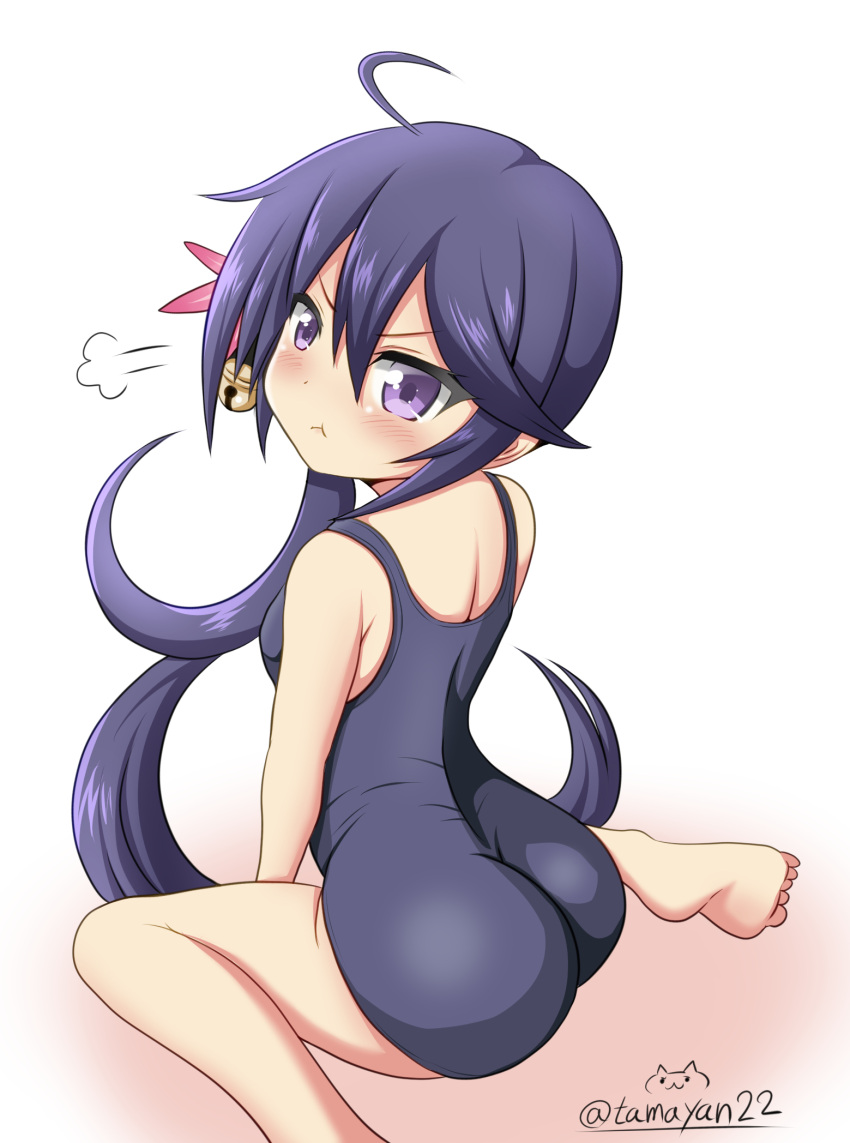 1girl :t ahoge akebono_(kantai_collection) ass bell blush hair_ornament highres jingle_bell kantai_collection long_hair one-piece_swimsuit purple_hair side_ponytail sitting solo swimsuit tamayan violet_eyes wariza
