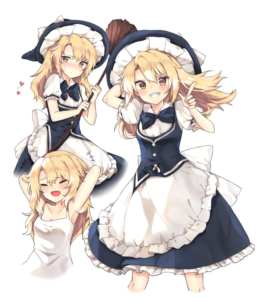 &gt;:d 1girl :d ^_^ ^o^ arm_up armpits arms_up bare_arms bare_shoulders black_bow black_bowtie black_hat black_skirt black_vest blonde_hair blush bow bowtie breasts brown_eyes buttons cheunes cleavage closed_eyes frilled_skirt frills grin hair_between_eyes hand_on_headwear hat heart highres index_finger_raised kirisame_marisa legs_crossed long_hair looking_at_viewer medium_skirt multiple_persona multiple_views open_mouth puffy_short_sleeves puffy_sleeves shirt short_sleeves simple_background skirt sleeveless small_breasts smile standing tank_top teeth touhou tsurime vest white_background white_shirt witch_hat