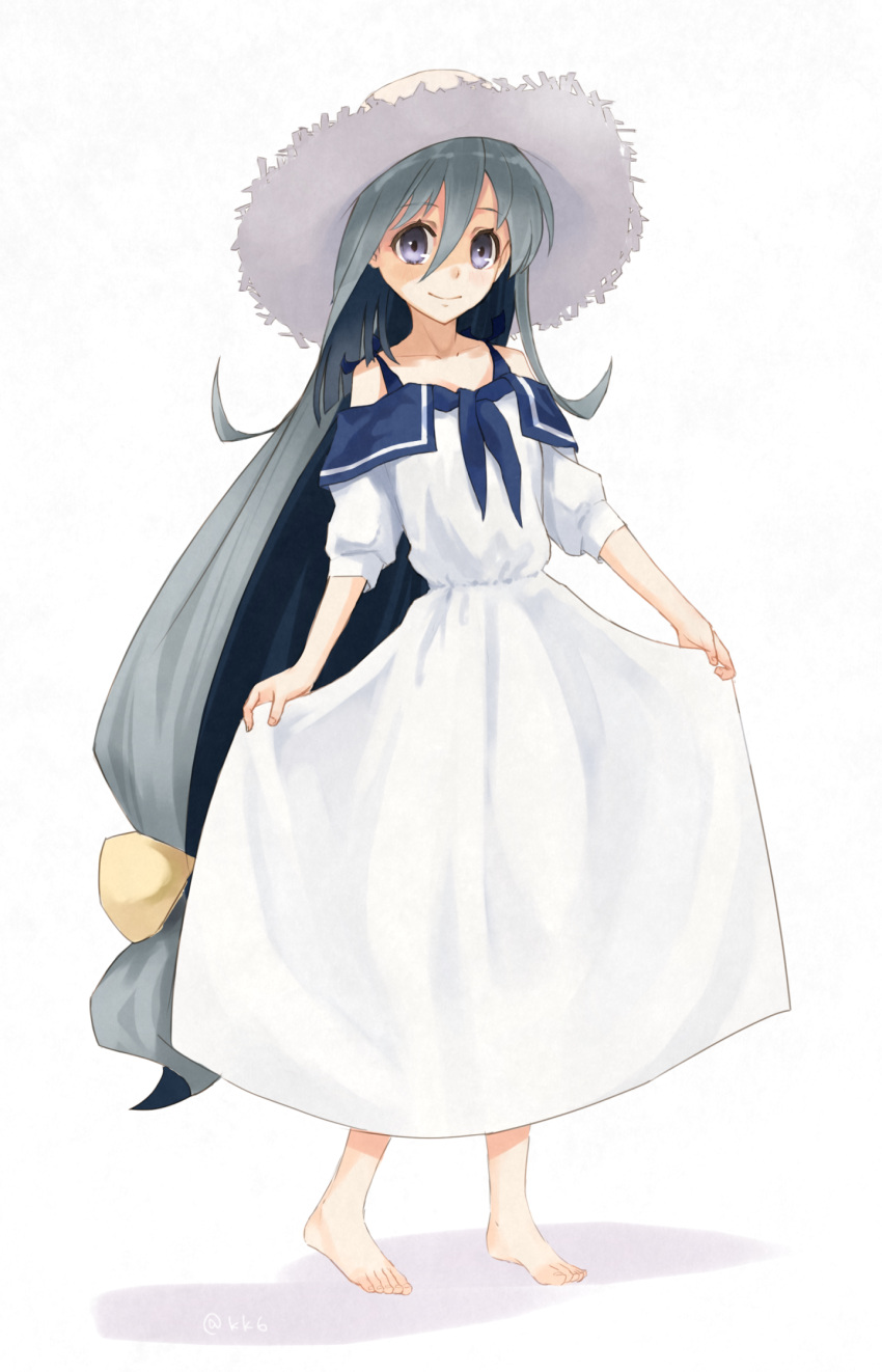 1girl alternate_costume ashiya_hiro barefoot blue_eyes blue_hair dress grey_hair hat highres kantai_collection kiyoshimo_(kantai_collection) long_hair low_twintails multicolored_hair short_sleeves simple_background smile solo twintails very_long_hair white_background white_dress white_hat