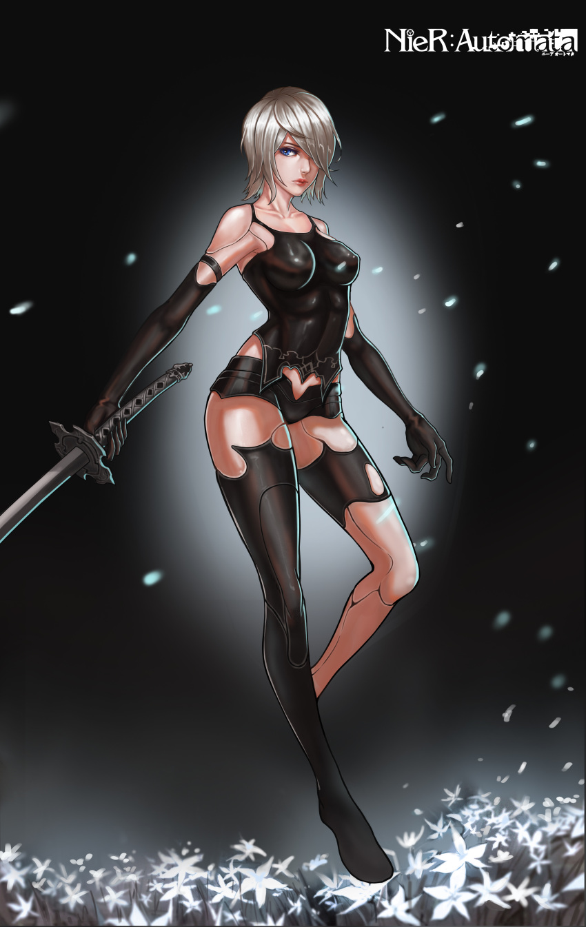 1girl absurdres android armlet arms_at_sides bangs bare_shoulders black_boots black_gloves black_legwear black_shorts blue_eyes boots breasts breasts_apart closed_mouth collarbone cowboy_shot elbow_gloves erect_nipples eyelashes flower full_body gloves hair_over_one_eye highres holding holding_sword holding_weapon katana leg_up lily_(flower) lips medium_breasts nier_(series) nier_automata no_mole one_leg_raised patterned_clothing pink_lips robot_joints short_hair short_shorts shorts silver_hair single_thigh_boot sleeveless solo standing standing_on_one_leg sword t-kun tank_top thighs weapon white_flower white_hair yorha_type_a_no._2