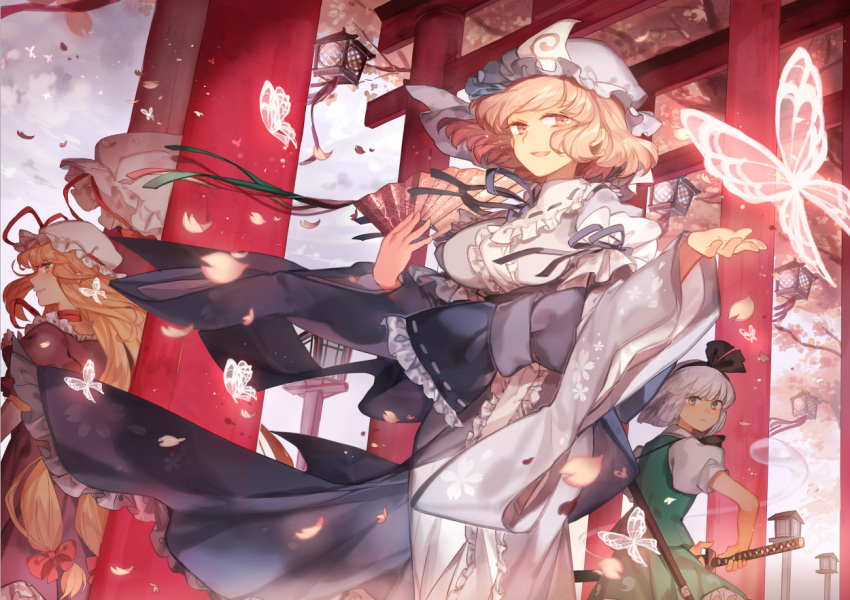 3girls blonde_hair blue_kimono bow butterfly cherry_blossoms choker cowboy_shot dress eyebrows_visible_through_hair fan floral_print frills from_below from_side hair_bow hair_ornament hairband hand_on_sword hat japanese_clothes katana kimono konpaku_youmu konpaku_youmu_(ghost) lamppost long_hair looking_at_viewer low-tied_long_hair mob_cap multiple_girls obi open_mouth petals pink_hair puffy_short_sleeves puffy_sleeves purple_dress red_bow rom_(romshiro) saigyouji_yuyuko sash sheath sheathed short_hair short_sleeves sword torii touhou tree triangular_headpiece weapon white_hair wide_sleeves yakumo_yukari