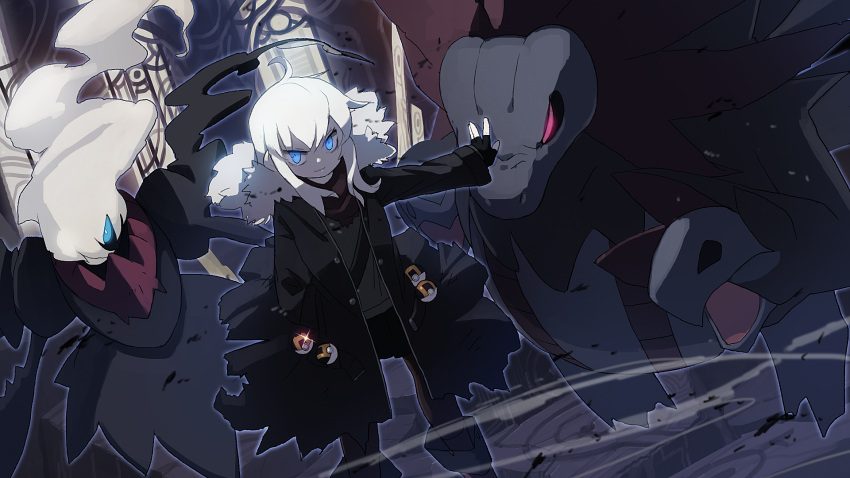 &gt;:) ahoge ambiguous_gender blue_eyes blue_sclera boots bright_pupils buttons church coat darkrai dragon dust floating fur_trim glowing glowing_eyes hand_in_pocket hand_on_another's_head highres hydreigon leggings legwear_under_shorts light_smile long_hair long_sleeves looking_at_viewer multiple_heads open_clothes open_coat outstretched_arm poke_ball pokemon pokemon_(creature) pokemon_trainer shorts sparkle stained_glass standing ultra_ball violet_eyes white_hair white_skin whitebear window