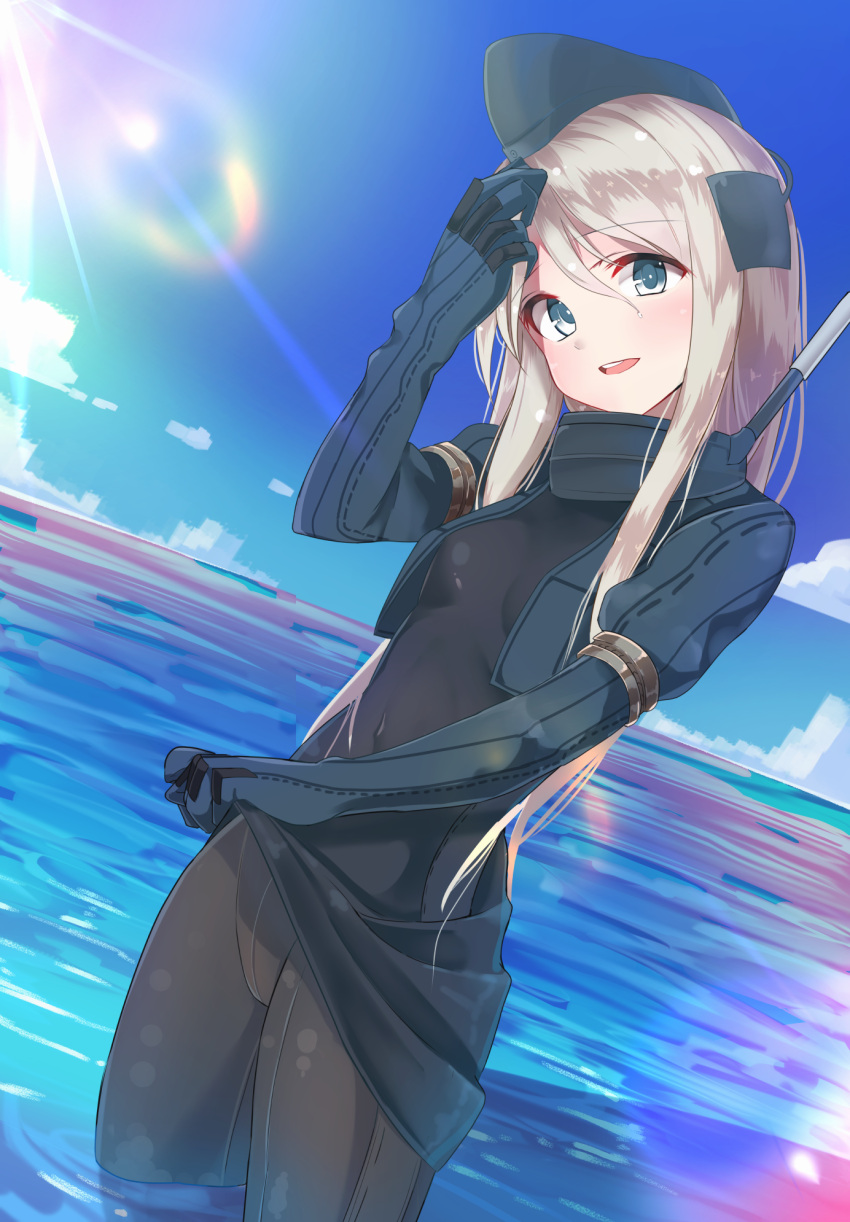 1girl :d adjusting_hair armlet black_bodysuit black_hat black_jacket blonde_hair blue_eyes blue_sky blush bodysuit breasts clothes_lift collar covered_navel cropped_jacket day dutch_angle eyebrows_visible_through_hair garrison_cap gloves hat head_tilt highres horizon jacket kantai_collection lifted_by_self light_rays long_sleeves ocean open_clothes open_jacket open_mouth shirousa skin_tight sky small_breasts smile solo sunbeam sunlight tareme u-511_(kantai_collection) wading water