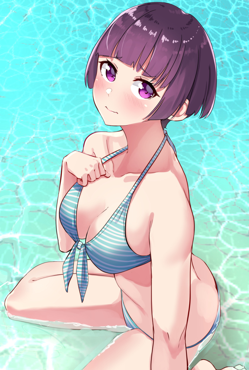 1girl arm_support bare_arms bare_legs bare_shoulders bikini blush breasts cleavage collarbone eromanga_sensei from_above front-tie_bikini front-tie_top hand_on_own_chest head_tilt highres large_breasts looking_at_viewer mitsukichi partially_submerged purple_hair senju_muramasa short_hair sitting solo striped striped_bikini swimsuit thighs violet_eyes wavy_mouth