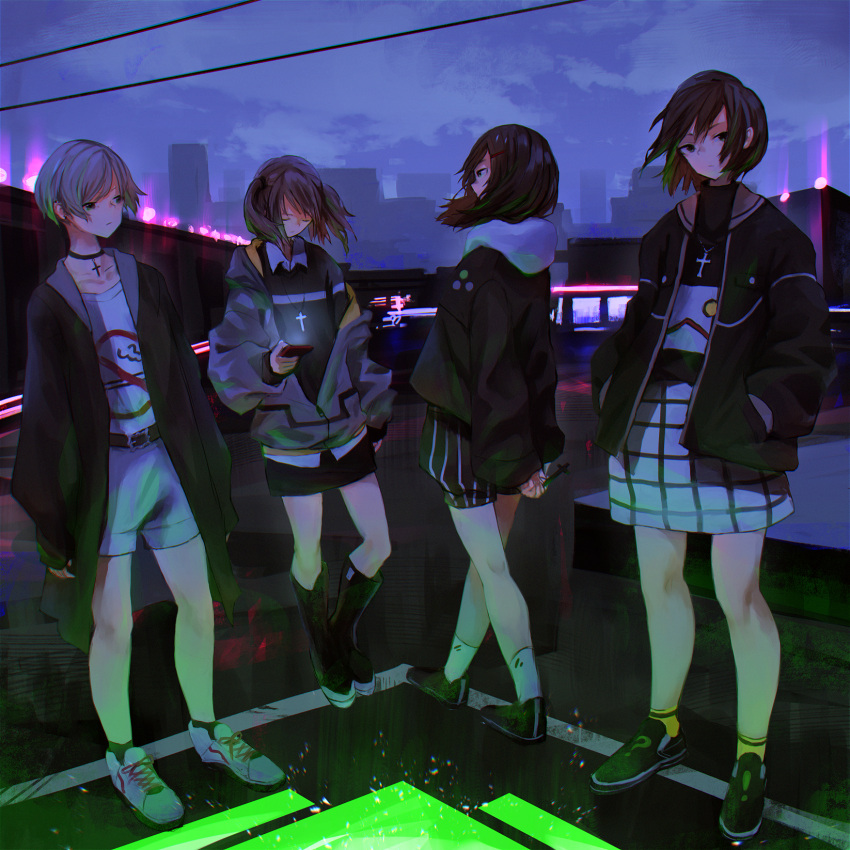 4girls belt black_skirt boots brown_hair cardigan cellphone closed_eyes clouds coat cross crucifix green_eyes grey_hair hair_ornament hairclip hands_in_pockets highres hood hooded_jacket jacket kanikumi_toi looking_at_viewer looking_to_the_side multiple_girls night original phone shirt shoes short_hair shorts skirt sky smartphone sneakers socks standing twintails