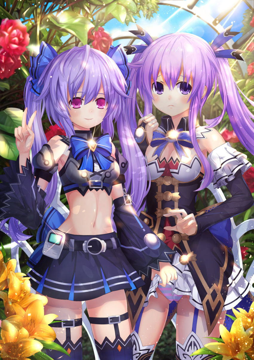 2girls bare_shoulders beluga_dolphin blush breasts cleavage cosplay detached_collar garter_straps hair_ornament hair_ribbon highres long_hair looking_at_viewer medium_breasts midriff multiple_girls navel nepgear neptune_(series) noire noire_(cosplay) panties pantyshot pleated_skirt purple_hair pururut red_eyes ribbon skirt skirt_lift smile standing striped striped_panties thigh-highs twintails underwear v very_long_hair violet_eyes