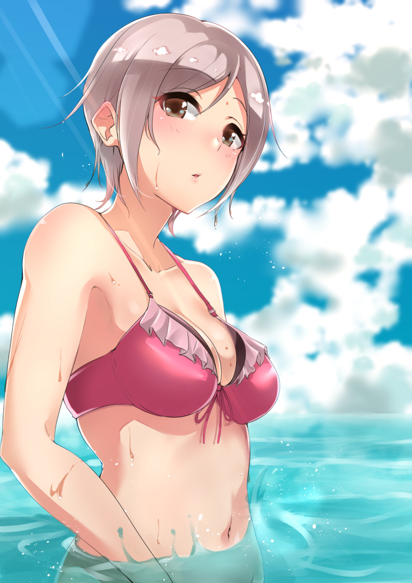 1girl bikini blue_sky blurry blush breasts brown_eyes clouds cloudy_sky day depth_of_field eyebrows_visible_through_hair front-tie_bikini front-tie_top grey_hair highres light_rays looking_at_viewer medium_breasts murabito_c navel original outdoors parted_lips partially_submerged pink_bikini short_hair sidelocks sky solo sunbeam sunlight swimsuit upper_body