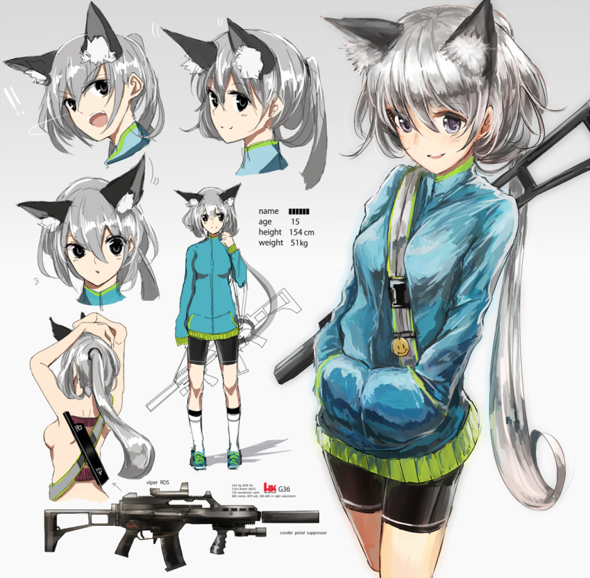 1girl animal_ears arms_up assault_rifle bangs between_breasts bike_shorts black_eyes blush breasts character_sheet closed_mouth concept_art eyebrows_visible_through_hair foregrip g36 gradient gradient_background grey_eyes grey_hair gun hair_between_eyes hands_in_pockets kneehighs long_hair looking_at_viewer medium_breasts multiple_views open_mouth original parted_lips ponytail rifle sidelocks silver_hair sketch sling smile strap_cleavage suppressor tosk_(swav-coco) very_long_hair weapon white_legwear