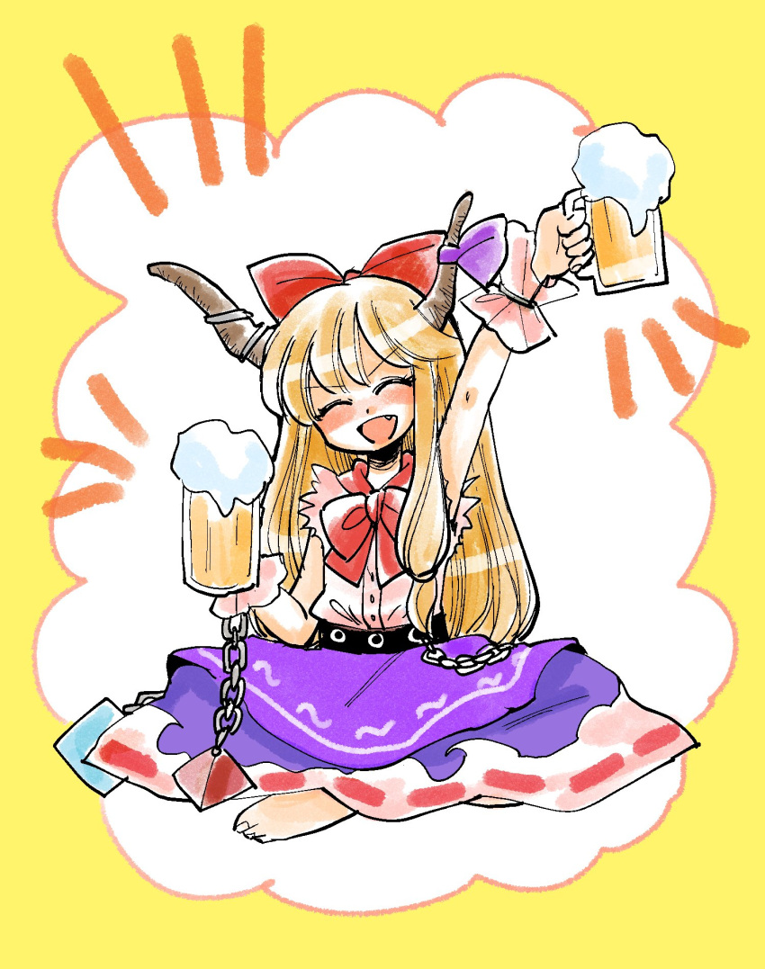 1girl :d arm_up barefoot beer_mug bow bowtie closed_eyes facing_viewer fang full_body hair_bow highres horn_bow horns ibuki_suika indian_style komaku_juushoku open_mouth purple_bow purple_skirt red_bow red_bowtie shirt sitting skirt sleeveless smile solo torn_clothes torn_sleeves touhou white_shirt yellow_background