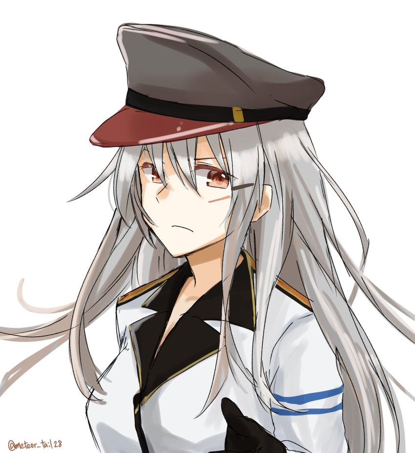 1girl artist_request breasts gangut_(kantai_collection) grey_hair hat highres jacket kantai_collection large_breasts long_hair looking_at_viewer military military_hat military_jacket military_uniform red_eyes scar scar_on_cheek solo uniform white_background