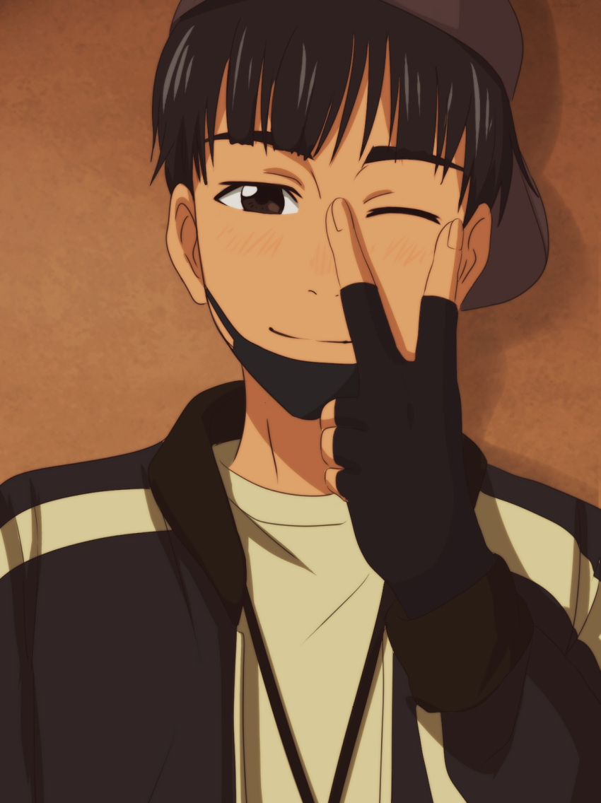 1boy ;) backwards_hat baseball_cap black_hair cubisticking dark_skin dark_skinned_male fingerless_gloves gloves grey_eyes hat highres male_focus one_eye_closed phichit_chulanont smile v yuri!!!_on_ice