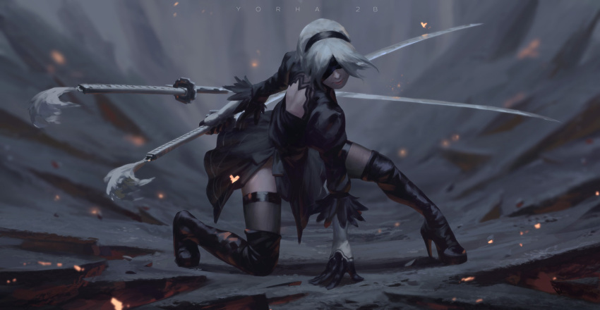 1girl back_cutout black_boots black_dress black_gloves black_hairband black_legwear blindfold boots character_name closed_mouth covered_eyes dress dual_wielding facing_viewer feather-trimmed_sleeves fighting_stance full_body gloves guweiz hairband high_heel_boots high_heels katana long_sleeves nier_(series) nier_automata one_knee short_hair silver_hair solo sword thigh-highs thigh_boots thighhighs_under_boots twisted_neck vambraces weapon yorha_no._2_type_b