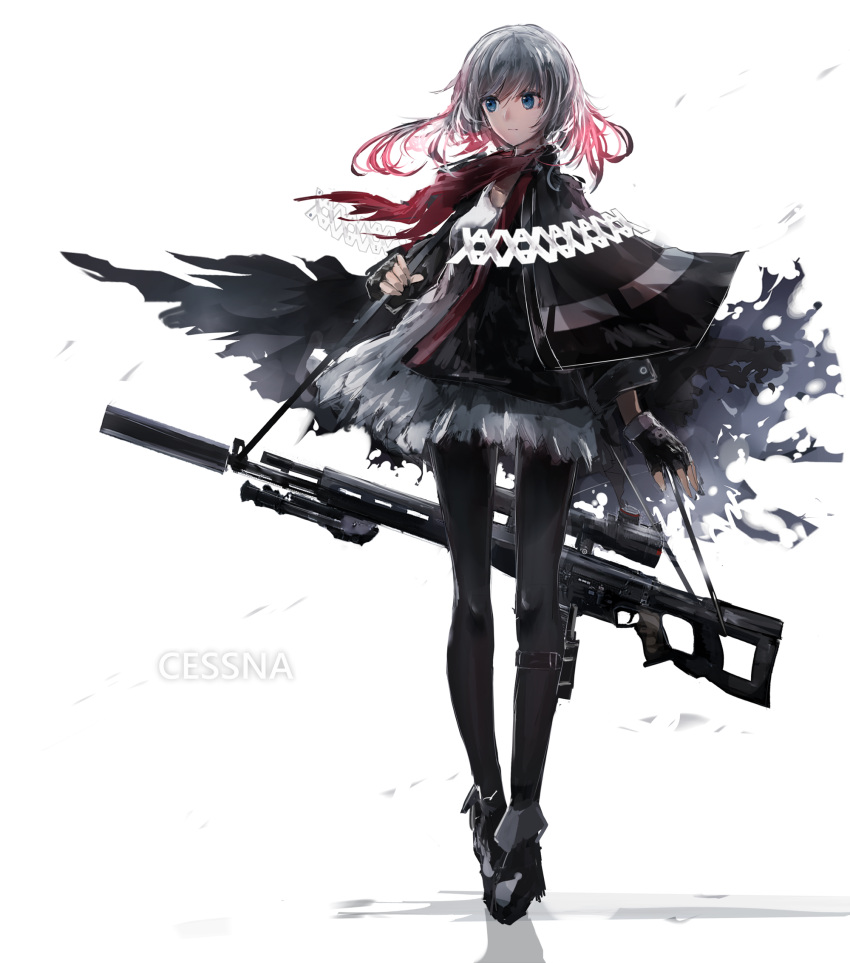 1girl bangs bipod black_gloves black_legwear blue_eyes capelet character_name closed_mouth dress expressionless fingerless_gloves full_body gloves gradient_hair grey_background grey_dress grey_hair gun highres long_hair looking_to_the_side multicolored_hair original pantyhose pink_hair rifle scope simple_background sling sniper_rifle solo standing tosk_(swav-coco) weapon