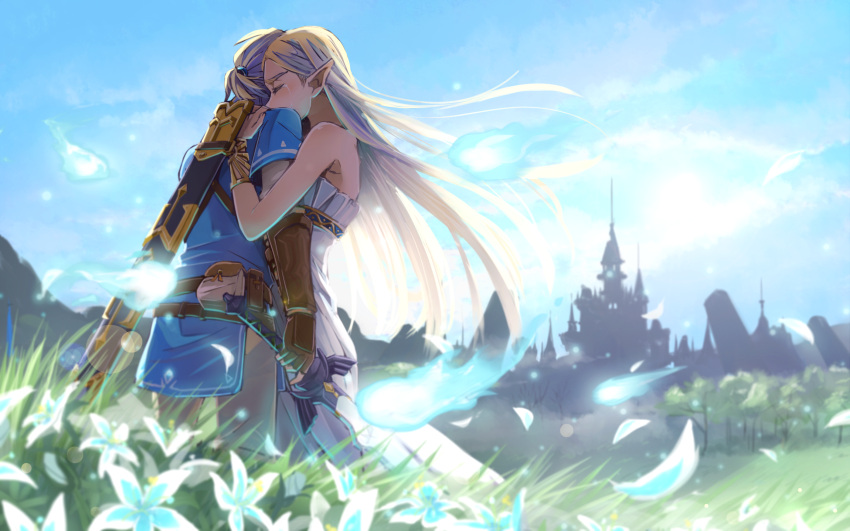 1boy 1girl blonde_hair blue_sky castle crying field flower highres hug link otton pointy_ears princess_zelda scabbard sheath sky sun sword tears the_legend_of_zelda the_legend_of_zelda:_breath_of_the_wild weapon