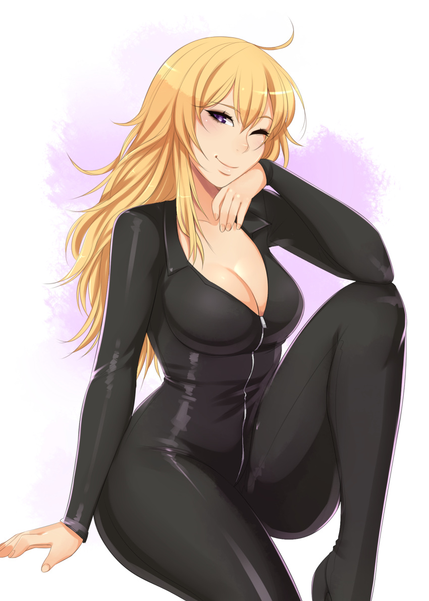 1girl ahoge alternate_costume amanda_evelyn_earl blonde_hair blush bodysuit breasts cleavage commentary hand_on_own_face highres large_breasts latex long_hair long_sleeves looking_at_viewer one_eye_closed rwby simple_background smile violet_eyes yang_xiao_long zipper