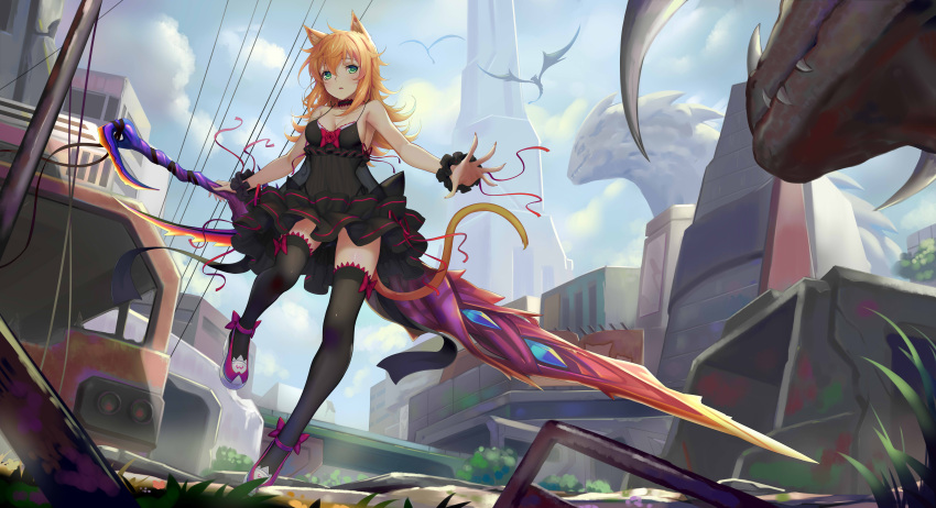 1girl absurdres animal_ears anklet bare_shoulders blonde_hair bracelet building choker clouds day dragon flying from_below green_eyes highres horns jewelry long_hair original scrunchie sky sonikey0_0 sword tail thigh-highs tower walking weapon