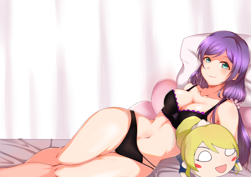 1girl :d arm_behind_back arm_support bangs bare_arms bare_legs bare_shoulders bed_sheet black_bra black_panties blonde_hair blush blush_stickers bra breasts character_doll cleavage closed_mouth collarbone doll gluteal_fold green_eyes hair_ornament hair_scrunchie highres large_breasts legs_together lingerie long_hair looking_at_viewer love_live! love_live!_school_idol_project lying midriff navel on_bed on_side open_mouth panties pillow ponytail purple_hair scrunchie smile solo stomach stuffed_toy swept_bangs t-kun thigh_gap toujou_nozomi underwear underwear_only