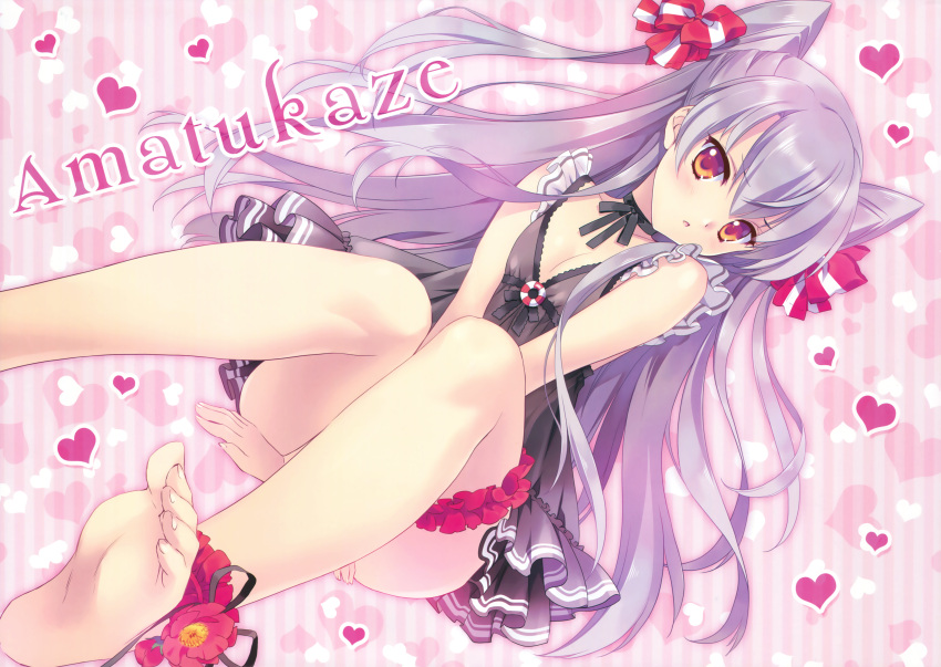 1girl absurdres amatsukaze_(kantai_collection) babydoll barefoot black_ribbon blush bow breasts carnelian character_name choker cleavage dutch_angle feet flower garters hair_bow hair_ribbon heart highres kantai_collection long_hair looking_at_viewer ribbon ribbon_choker silver_hair small_breasts soles solo striped striped_ribbon toes two_side_up yellow_eyes