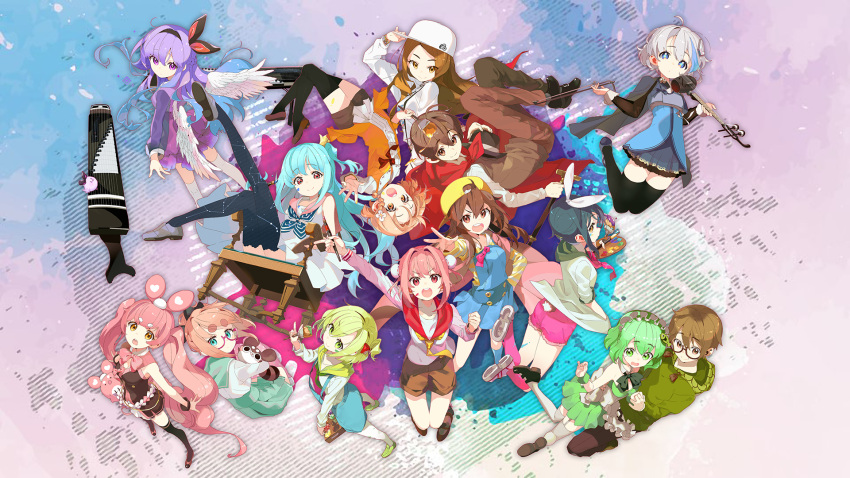 &gt;:) &gt;:d 2boys 6+girls :d ahoge angel_wings arm_up bare_shoulders bird black_bow black_cape black_hair black_hairband black_legwear black_shoes blonde_hair blouse blue_eyes blue_hair blue_neckerchief bow bowtie brown_eyes brown_hair brown_pants brown_shoes brown_shorts brown_vest bunny_tail cape chair character_request clover@ copyright_request detached_collar doll double_bun feathered_wings fedora fish_hair_ornament flower glasses gradient_hair green_bow green_bowtie green_eyes green_hair green_jacket green_shoes green_skirt grey_shoes hair_between_eyes hair_bow hair_flower hair_ornament hairband hat hat_removed headdress headwear_removed highres holding holding_hat hood hood_down index_finger_raised instrument jacket leg_up long_hair long_sleeves looking_at_viewer multicolored_hair multiple_boys multiple_girls neckerchief object_hug one_side_up open_mouth orange_blouse orange_eyes orange_hair paint_on_face paintbrush palette pants pink-framed_eyewear pink_bow pink_bowtie pink_eyes pink_hair pink_shirt pink_shorts purple_hair red_bow red_cape red_eyes sailor_collar semi-rimless_glasses shirt shoes short_hair shorts silver_hair silver_legwear skirt sleeveless smile striped_neckerchief tagme tail thigh-highs twintails under-rim_glasses v very_long_hair violet_eyes walking_stick white_bow white_flower white_hat white_jacket white_legwear white_wings wings wrist_cuffs yellow_eyes yellow_hat yellow_neckerchief