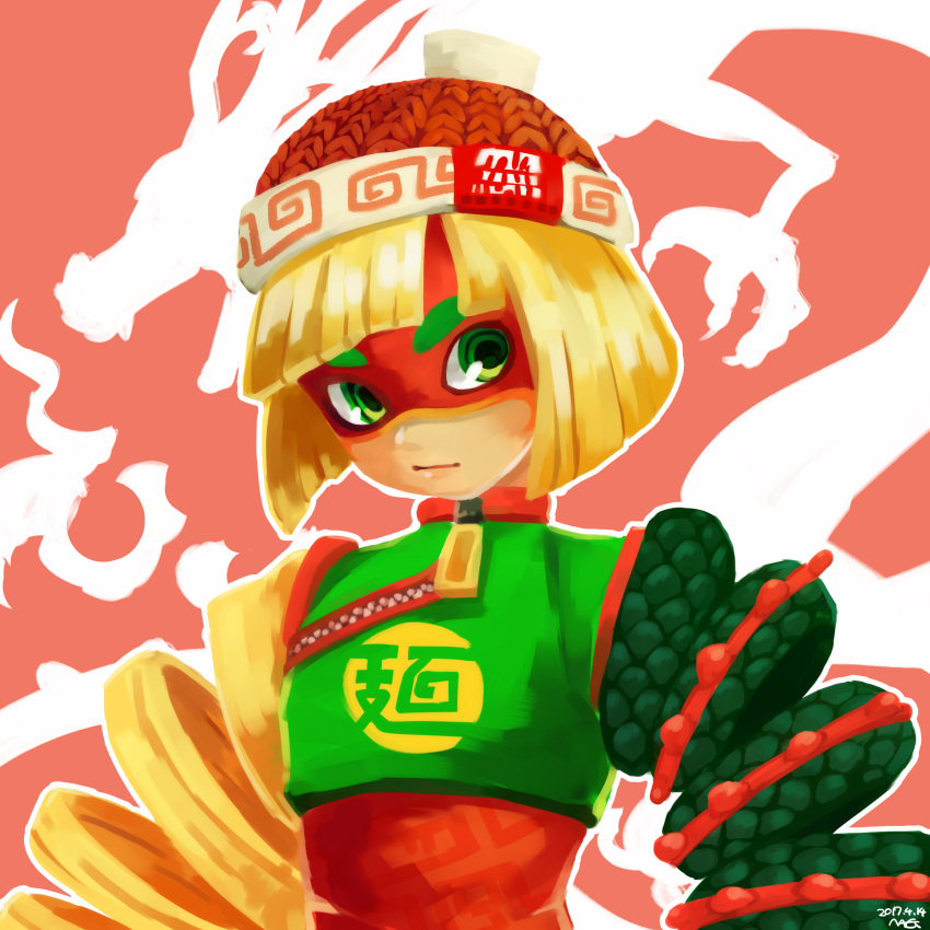 1girl 2017 absurdres arms_(game) bangs beanie blonde_hair blunt_bangs bob_cut chinese chinese_clothes clothes_writing crop_top dated domino_mask dragon dragon_(arms) eastern_dragon flat_chest green_eyes green_shirt hat highres knit_hat looking_away looking_to_the_side mag_(cocoa) mask min_min_(arms) orange_hat orange_shirt outline ringed_eyes scales shirt short_hair signature turtleneck undershirt upper_body zipper zipper_pull_tab