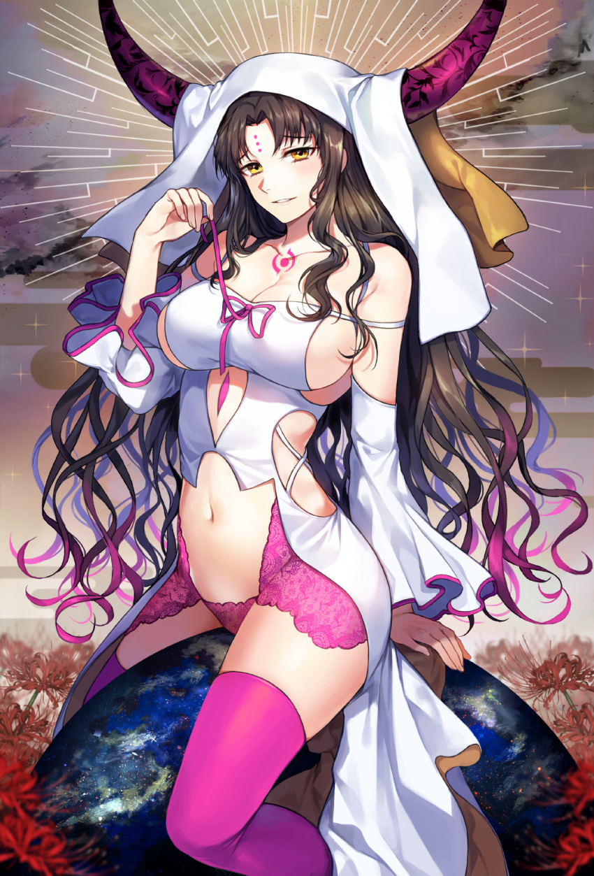 1girl arched_back arm_support bangs bare_shoulders blurry breasts brown_hair cleavage collarbone commentary_request crop_top curly_hair depth_of_field detached_sleeves eyebrows_visible_through_hair facial_hair facial_mark fate/extra fate/extra_ccc fate_(series) flower forehead_mark gijang globe gradient_hair hair_over_breasts highres horns lace large_breasts lily_(flower) long_hair looking_at_viewer midriff multicolored_hair navel parted_bangs parted_lips pink_hair pink_legwear pink_ribbon revealing_clothes ribbon sesshouin_kiara sideboob sitting solo sparkle thigh-highs veil wide_sleeves yellow_eyes
