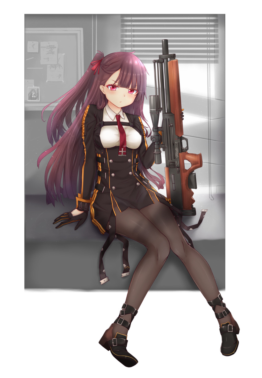 breasts bullpup girls_frontline gloves gun highres long_hair looking_at_viewer pantyhose red_eyes rifle scope side_ponytail sitting sniper_rifle solo wa2000_(girls_frontline) walther walther_wa_2000 weapon