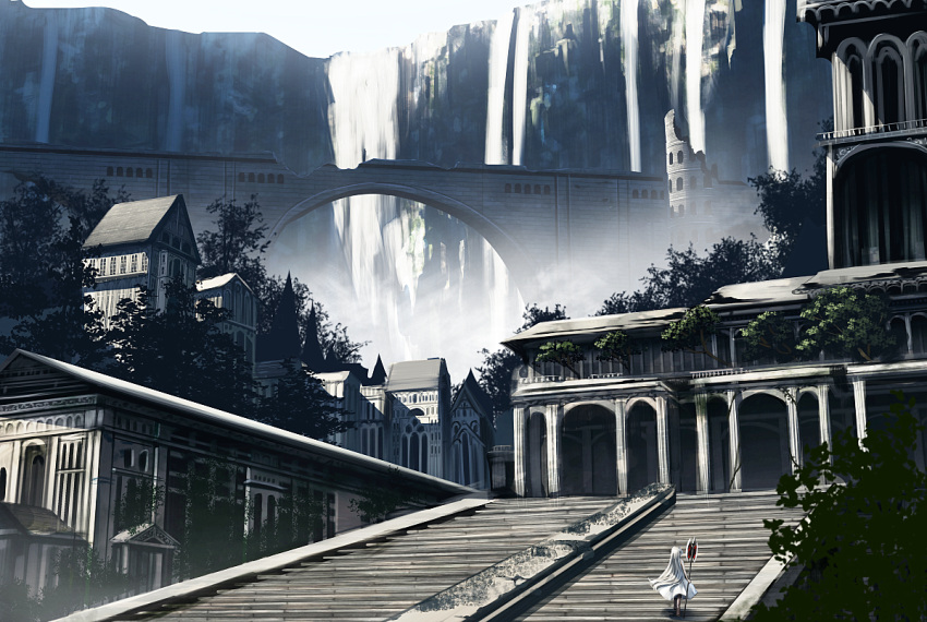 1girl arch architecture axe battle_axe bridge building dress from_behind greco-roman_architecture haru_(ryosios) long_hair original outdoors pillar post-apocalypse ruins ryosios scenery silver_hair solo stairs standing tree very_long_hair water waterfall weapon white_dress white_hair