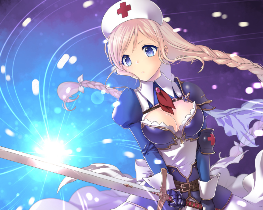 1girl armor blue_eyes braid breasts cell_(card_game) cleavage elbow_pads fighting_stance gauntlets hat holding holding_sword holding_weapon lactocbacillus long_hair looking_at_viewer monikon13 nurse_cap personification shoulder_armor solo standing sword weapon wrist_cuffs