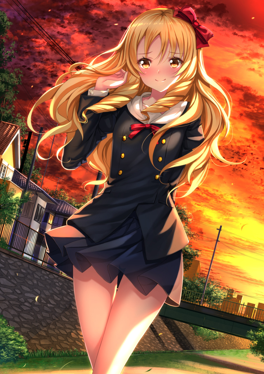 1girl blazer blonde_hair blouse blush bow breasts brown_eyes building clouds cloudy_sky contemporary drill_hair eromanga_sensei evening hair_bow hairband highres jacket lips long_hair looking_at_viewer miniskirt outdoors pleated_skirt pointy_ears red_bow school_uniform skirt sky small_breasts swordsouls twin_drills wavy_hair white_blouse yamada_elf