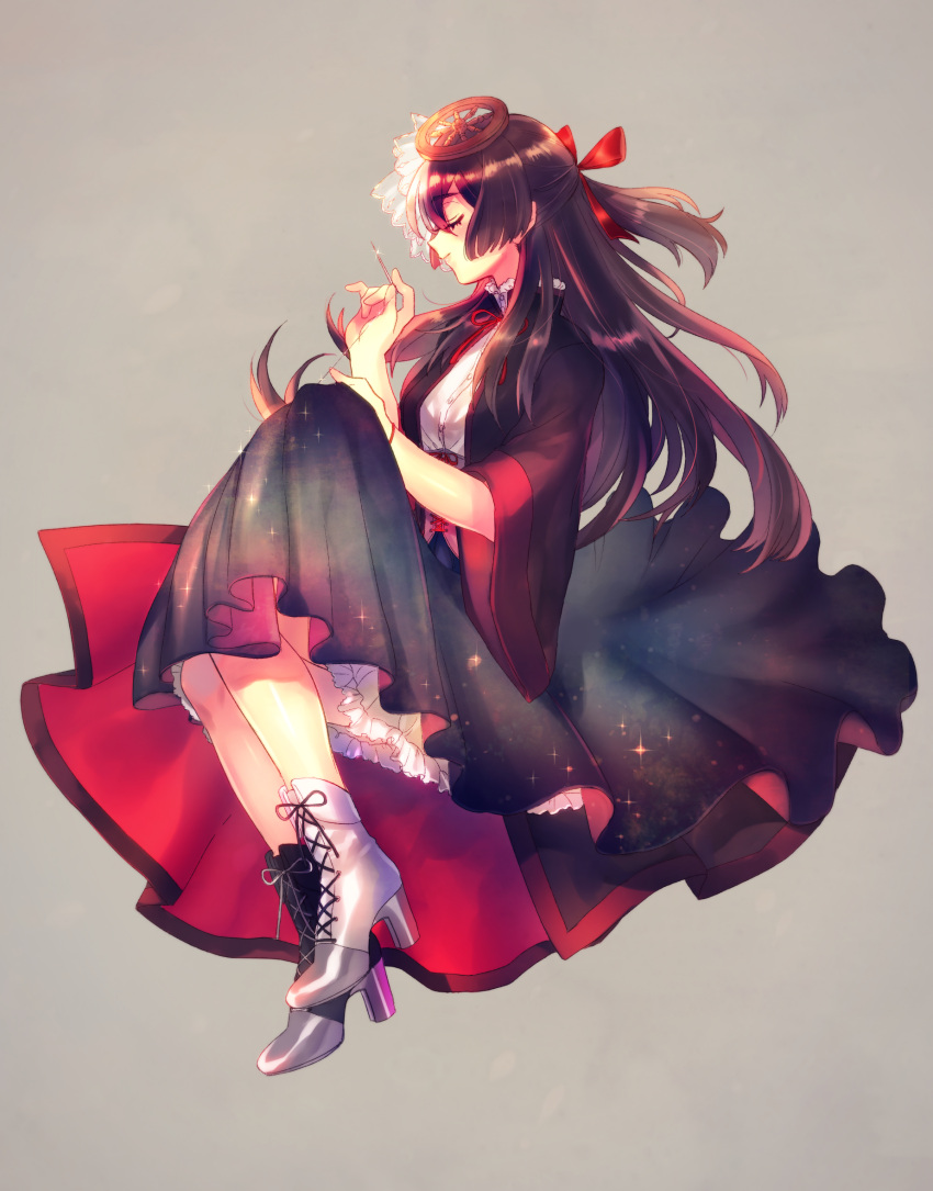 1girl black_dress black_shoes bow brown_hair brown_shoes closed_eyes dress frills glint hair_bow hair_ornament highres long_hair needle personification poroi_(poro586) profile red_bow robe_tissage shoes solo umabi wheel wide_sleeves