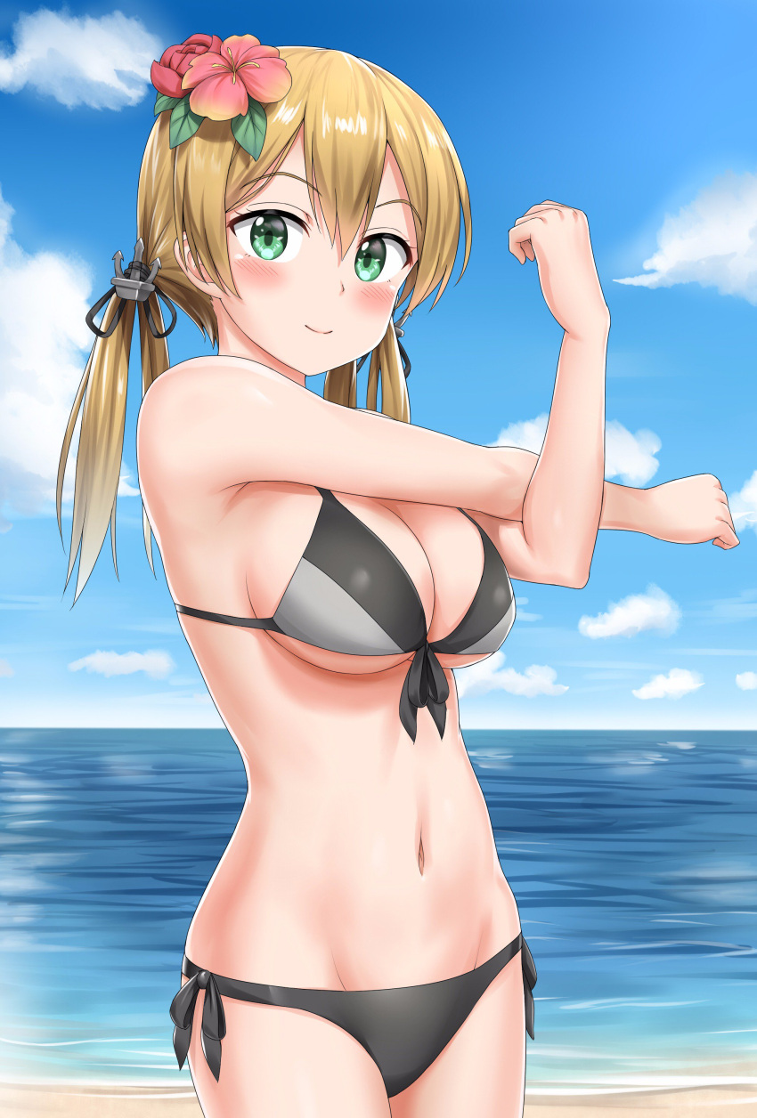 1girl absurdres anchor_hair_ornament beach bikini blonde_hair blush breasts clouds flower green_eyes grey_bikini hair_flower hair_ornament highres kantai_collection looking_at_viewer medium_breasts navel nedia_r ocean outdoors prinz_eugen_(kantai_collection) raised_fist sand side-tie_bikini smile solo swimsuit twintails upper_body