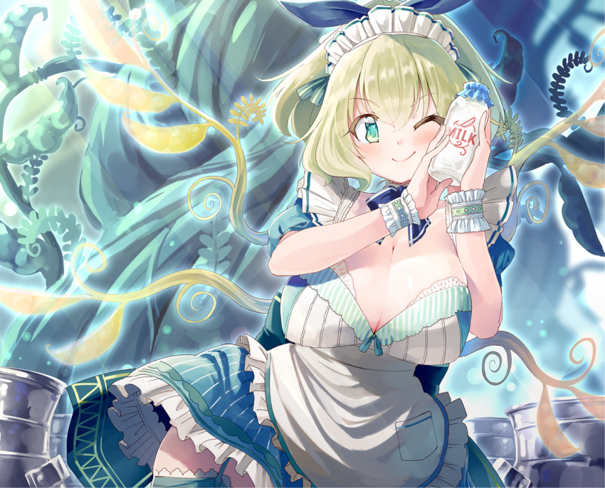 1girl ;) apron blonde_hair blue_eyes blush bottle breasts cell_(card_game) cleavage garter_straps hands_up holding holding_bottle large_breasts looking_at_viewer maid_apron maid_headdress milk_bottle naka_akira one_eye_closed original personification plant pocket rhizobium_(cell) smile solo thigh-highs wrist_cuffs